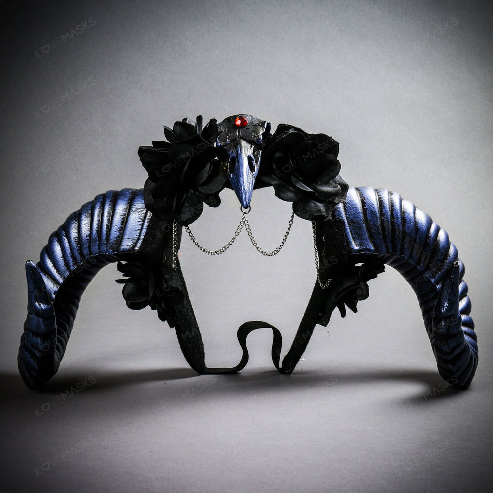 Gothic Demon Raven Skull Large Horn & Rose Headband - Black Blue